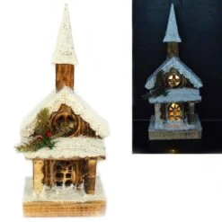 Chiesetta Innevata In Legno Con Luci 35cm