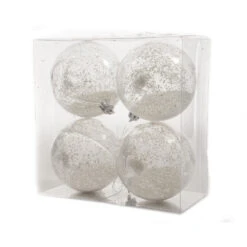 4 Palline Natalizie 80mm Trasparente Con Glitter