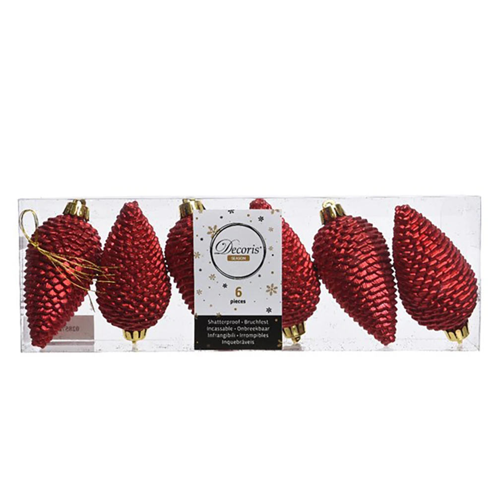 6 Addobbi Natalizi Pigne 80mm Infrangibili Rosse