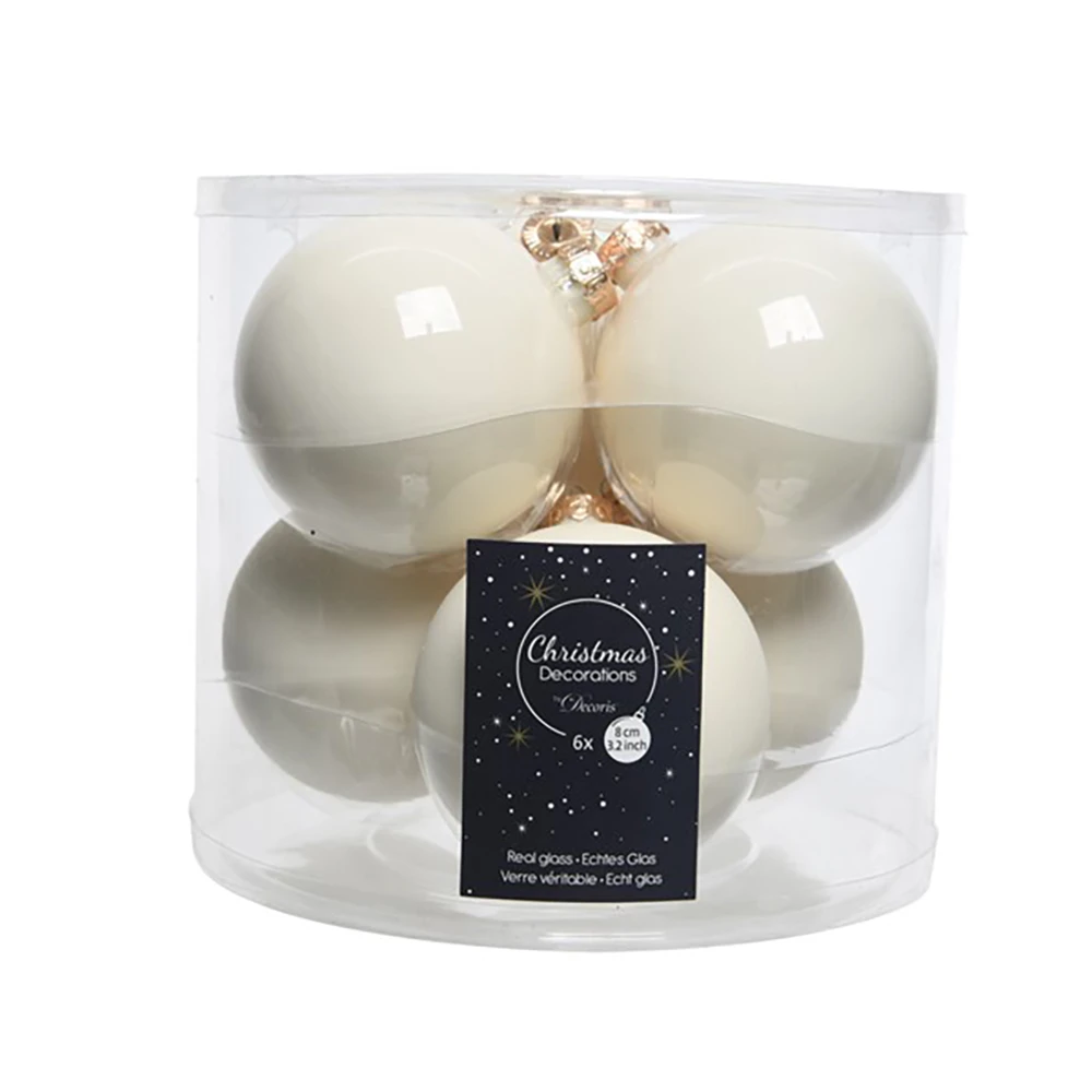6 Palline Natalizie 80mm In Vetro Crema