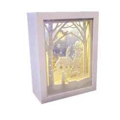 Quadretto Natalizio Bianco Luminoso Carillon E Paesaggio 3D A Batteria