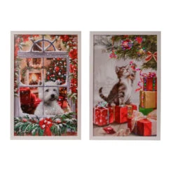 Quadro Natalizio Assortito Cane E Gatto Con LED Bianco Caldo