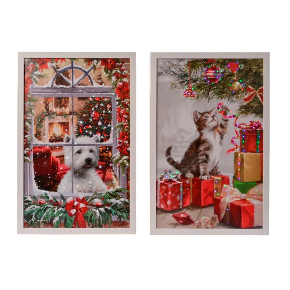 Quadro Natalizio Assortito Cane E Gatto Con LED Bianco Caldo